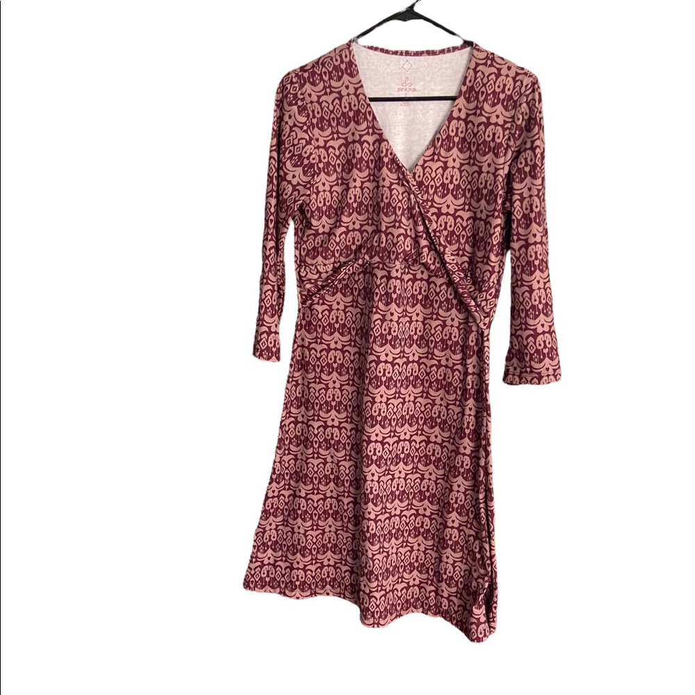 Prana Printed Purple Faux Wrap Front Midi Dress